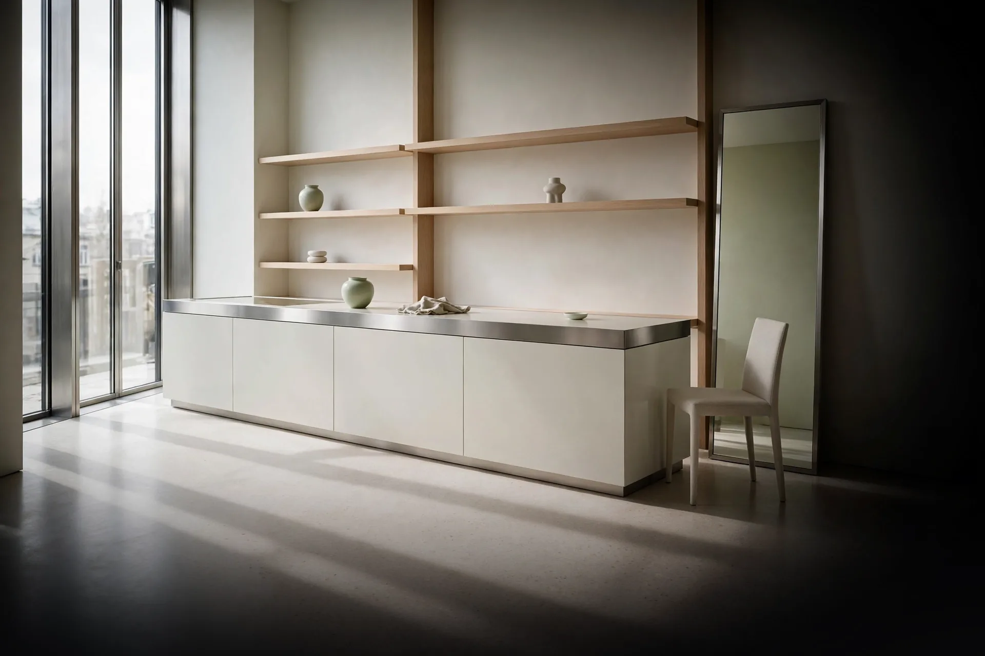 Interno luminoso di una boutique contemporanea con pavimento in terrazzo chiaro, scaffali in rovere e specchio da prova accanto a una poltroncina in lino