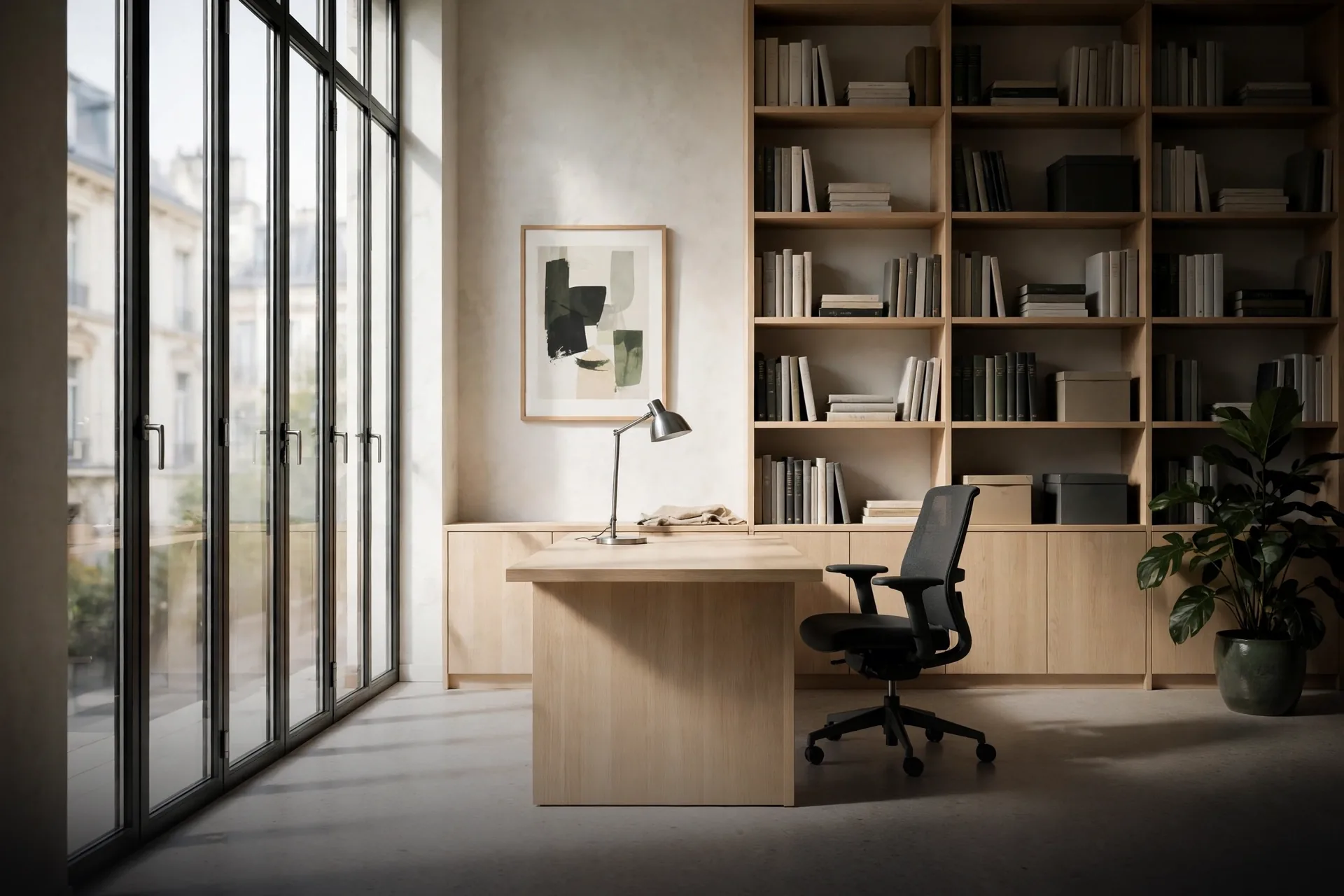 Studio professionale contemporaneo con scrivania in rovere chiaro davanti a una finestra alta, libreria a tutta parete e una grande pianta
