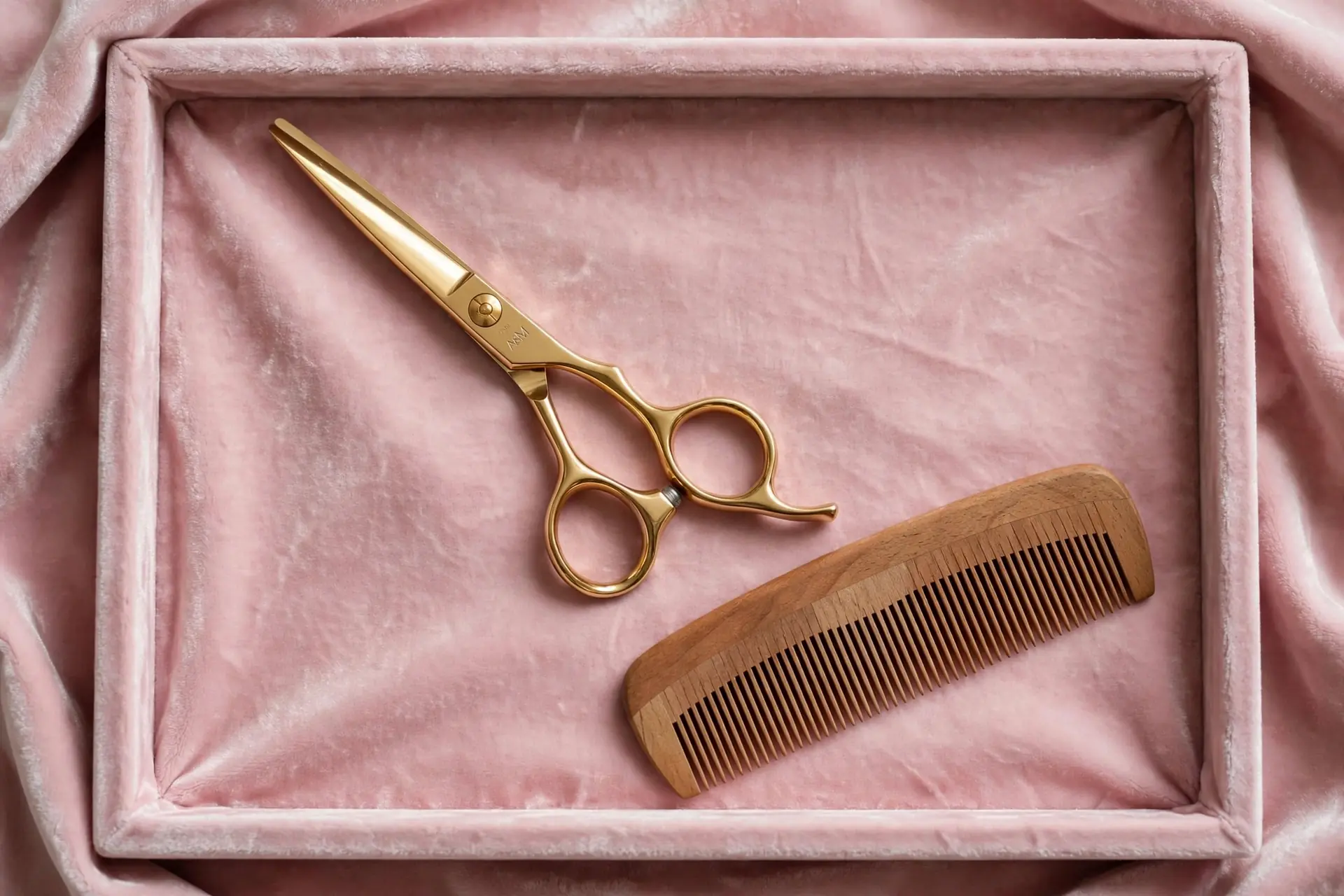 Forbici dorate da parrucchiere e pettine di legno appoggiati su un vassoio di velluto rosa