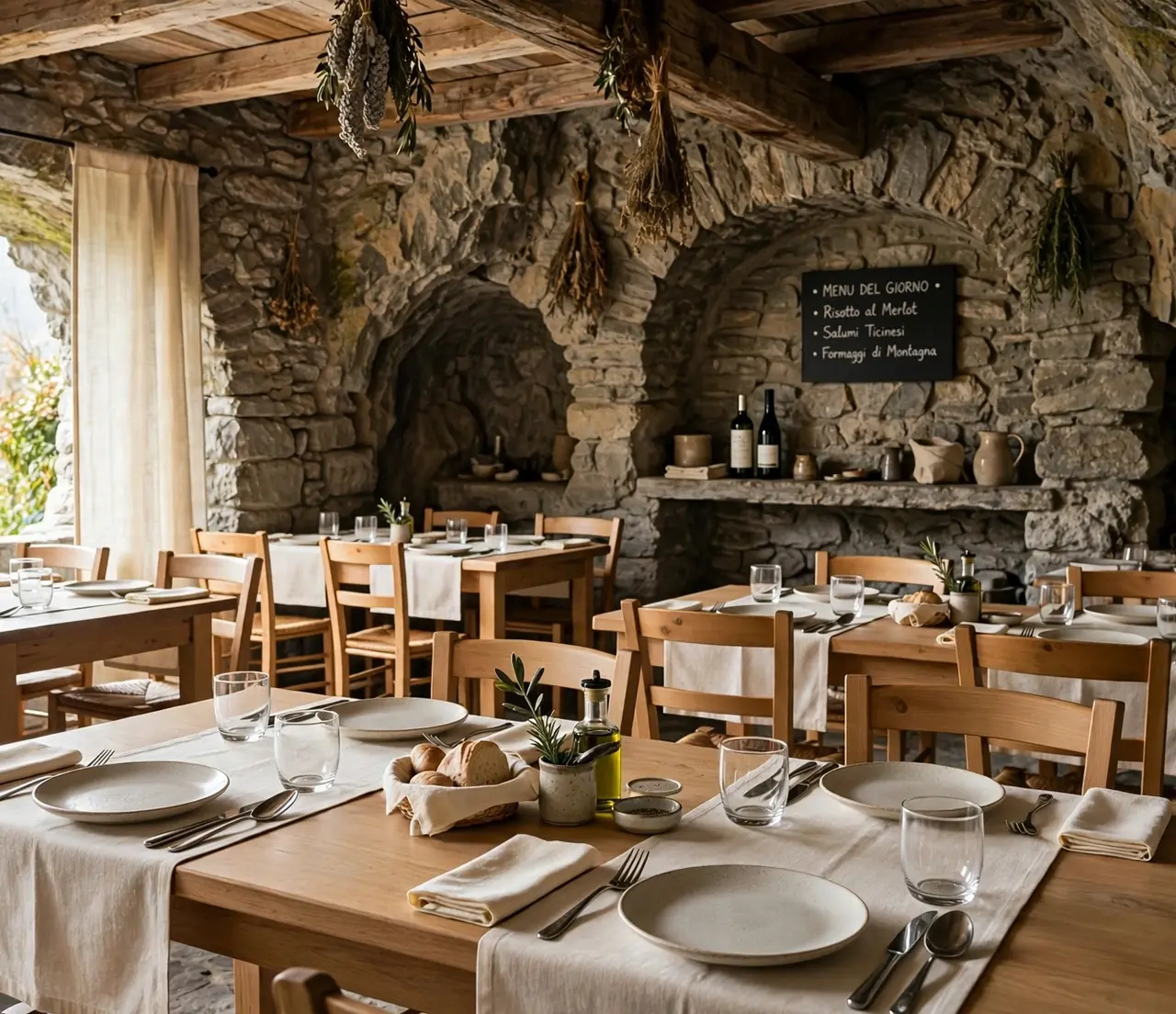 Interno di un grotto ticinese con tavoli di legno apparecchiati e muri in pietra