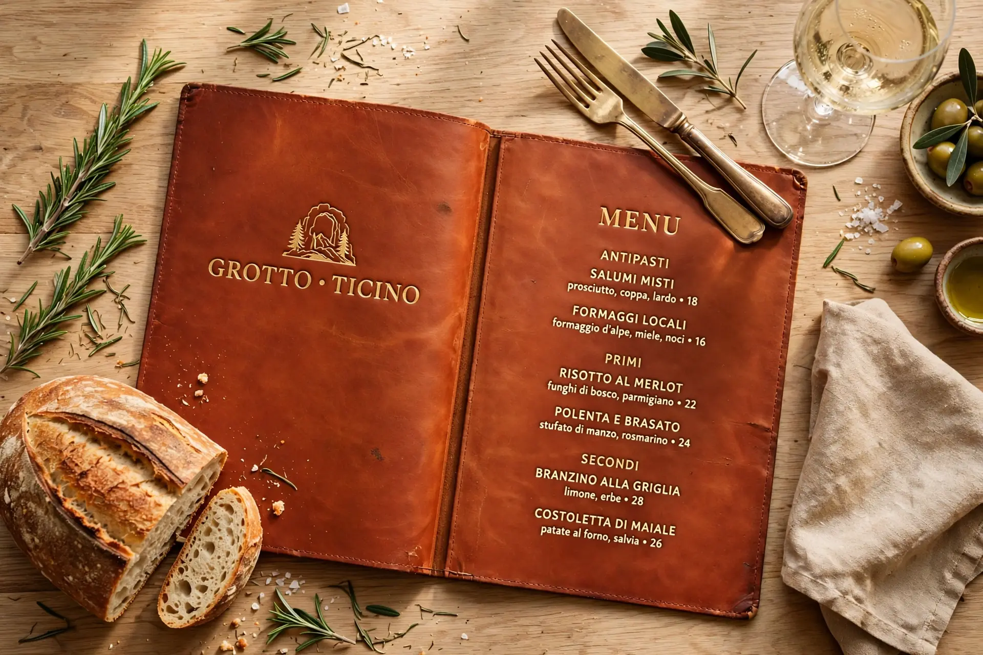 Menu di un grotto ticinese rilegato in pelle, aperto su un tavolo di legno accanto a pane, rosmarino e posate in ottone